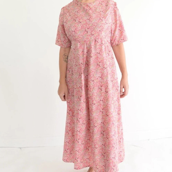 Vintage Homemade Redish Pink Floral Short Sleeve Maxi Dress - Picture 1 of 14
